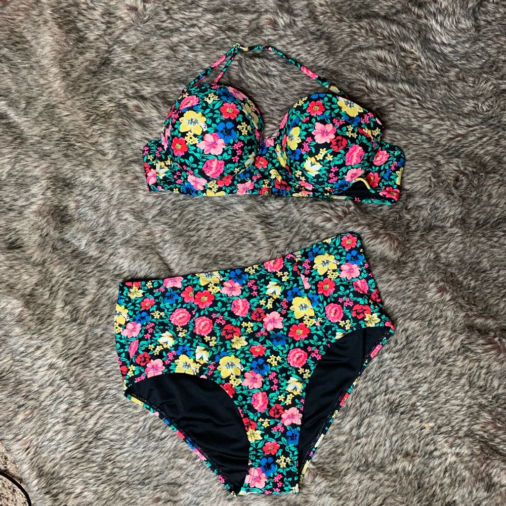 2pc colorful flower high waisted bikini